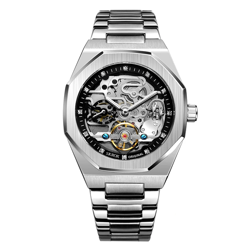 2024SKROX Luxury Gold Diamond Octagonal Automatic Clock Man Watch Elegant Stainless Steel Skeleton Mechanical Male Wrist Watches