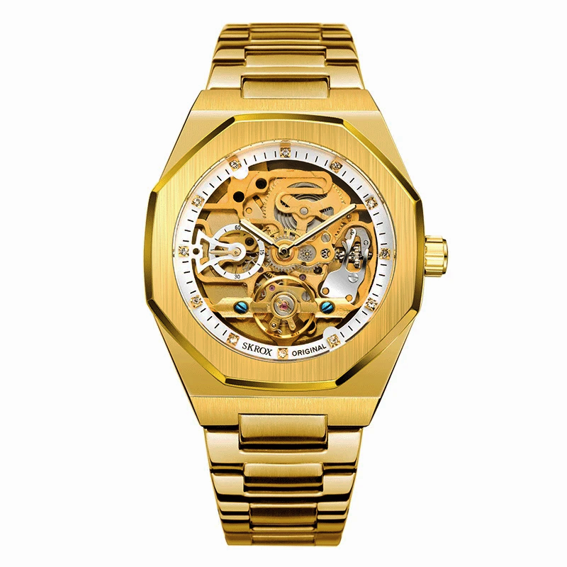 2024SKROX Luxury Gold Diamond Octagonal Automatic Clock Man Watch Elegant Stainless Steel Skeleton Mechanical Male Wrist Watches